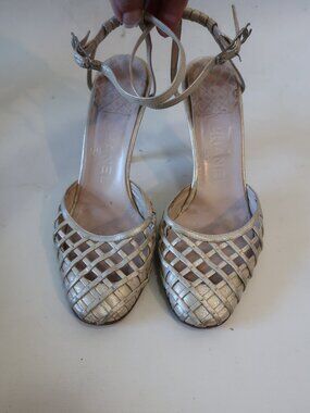 Women Chanel Metallic Champagne Fishnet Leather Ankle Strap Heels 38 EUR/US 8